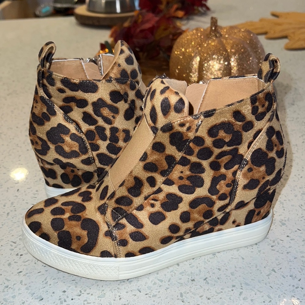Leopard wedge sneaker booties